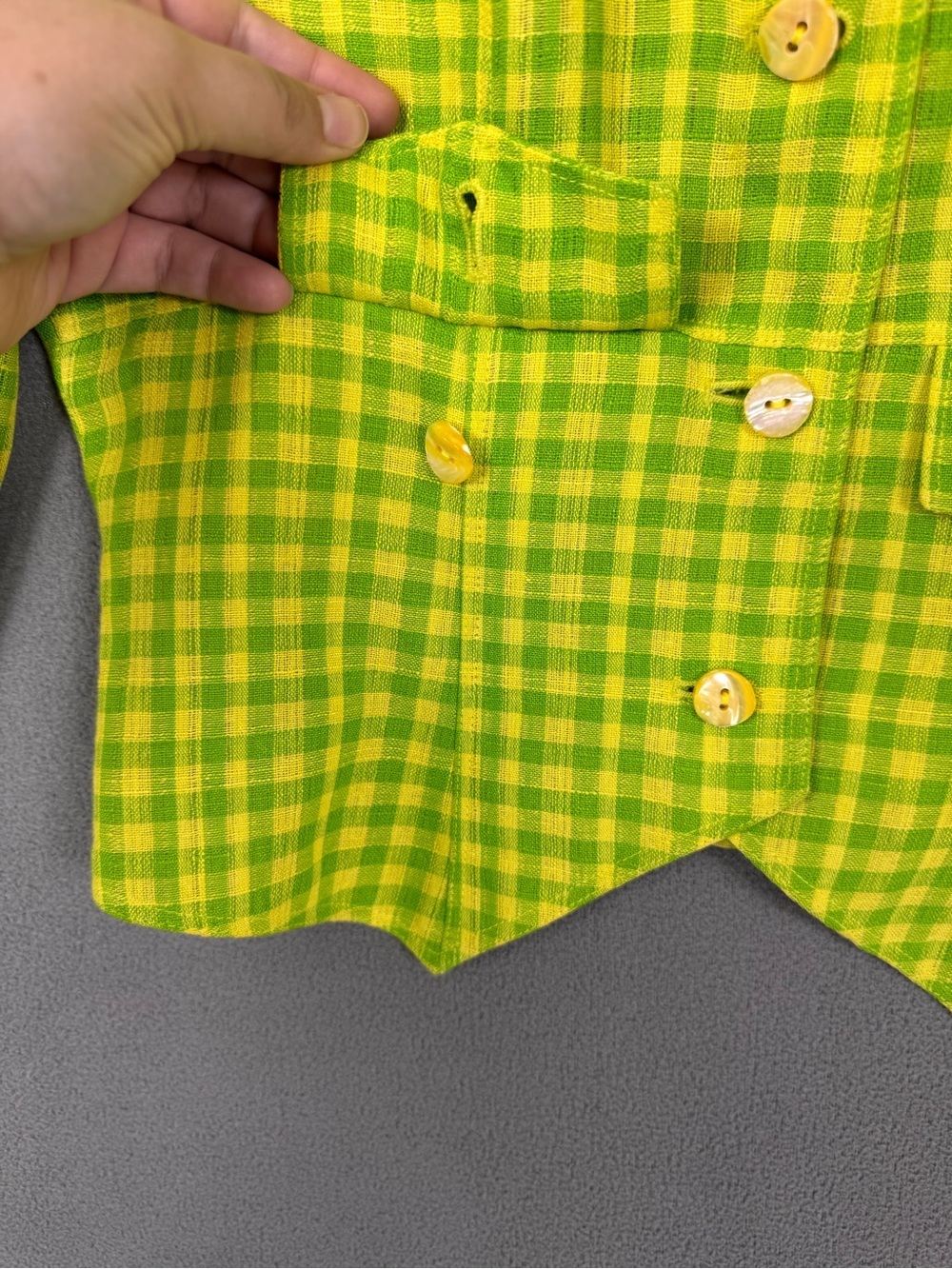 Vintage 90’s Dana Buchman Linen Lime Green + Yellow Gingham Blazer Jacket, 4 - Picture 6 of 13